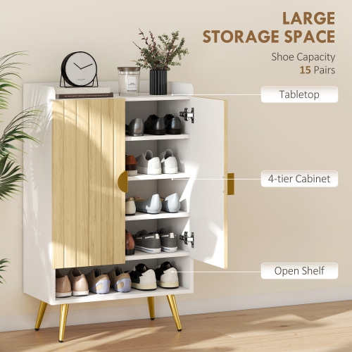 HOMCOM – Armoire étroite pour chaussures d'entrée avec 2 portes, tablettes ajustables et tablette ouverte pour 15 paires de chaussures, naturel