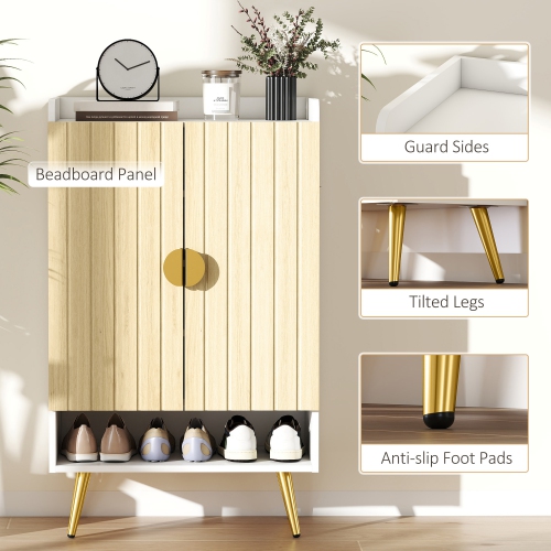 HOMCOM – Armoire étroite pour chaussures d'entrée avec 2 portes, tablettes ajustables et tablette ouverte pour 15 paires de chaussures, naturel
