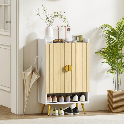 HOMCOM – Armoire étroite pour chaussures d'entrée avec 2 portes, tablettes ajustables et tablette ouverte pour 15 paires de chaussures, naturel