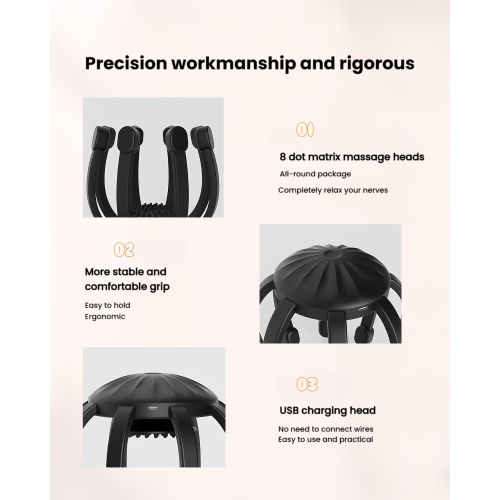 Electric Scalp Massager with 8 Nodes, 4 Modes, Portable Rechargeable Head Massager for Stress Relief, Headache Relief, and Sleep Aid