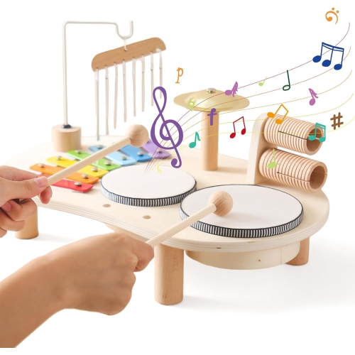 Wooden Baby Musical Instruments Set - Toddler Drum Kit with Xylophone, Wind Chimes and Rattles, Early Childhood Development Educational Toys,