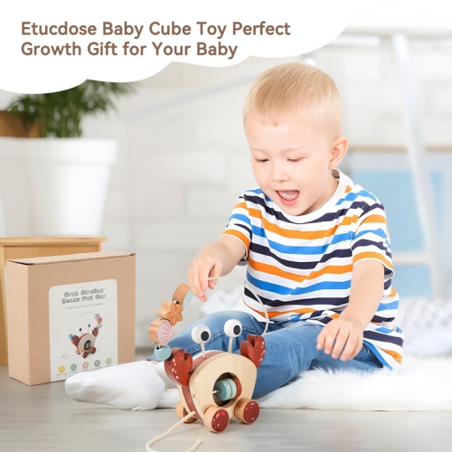 Educational wooden pull toys - Crab bead car, infant hand-eye coordination training, environmentally friendly wooden bead pull car, baby crawling