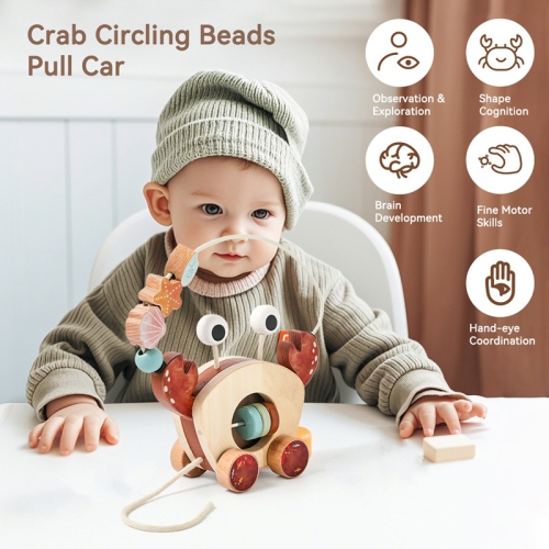 Educational wooden pull toys - Crab bead car, infant hand-eye coordination training, environmentally friendly wooden bead pull car, baby crawling