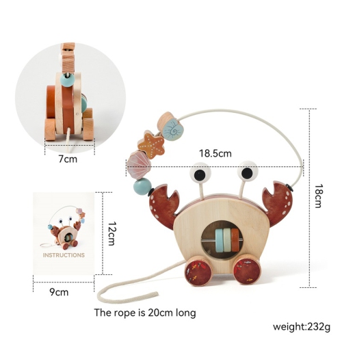 Educational wooden pull toys - Crab bead car, infant hand-eye coordination training, environmentally friendly wooden bead pull car, baby crawling