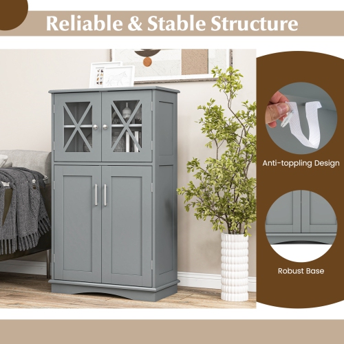 4-Door Bathroom Storage Cabinet with Adjustable Shelves, Freestanding Design