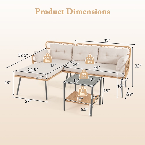 Outdoor 3-Piece Patio Set with Corner Seating and Compact Coffee Table