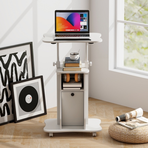 Portable Standing Desk Cart with Tilting Surface and Cabinet, Adjustable Height