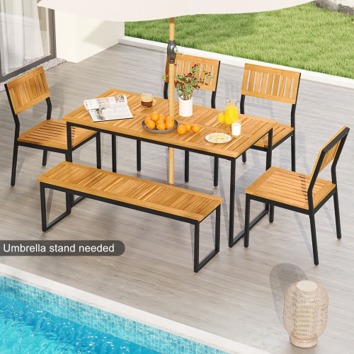 6-Piece Outdoor Acacia Wood Dining Set with Bench and Table with Umbrella Hole