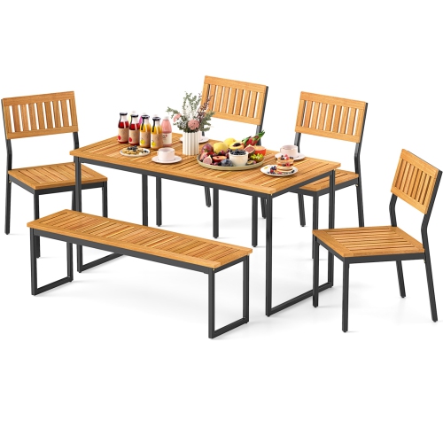 6-Piece Outdoor Acacia Wood Dining Set with Bench and Table with Umbrella Hole