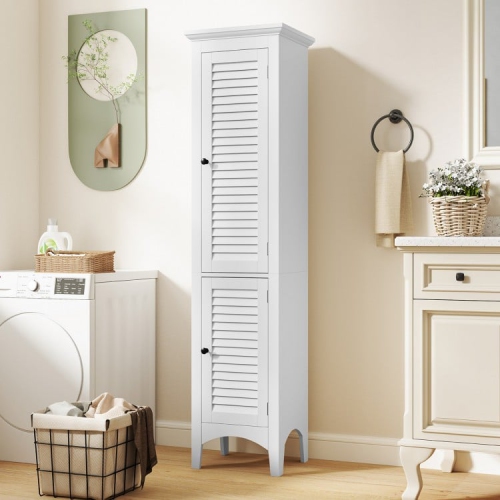 Tall Bathroom Floor Cabinet with Shutter Doors and Adjustable Interior Shelf