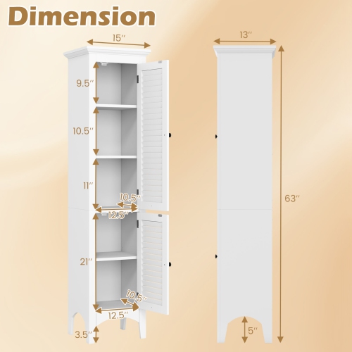 Tall Bathroom Floor Cabinet with Shutter Doors and Adjustable Interior Shelf