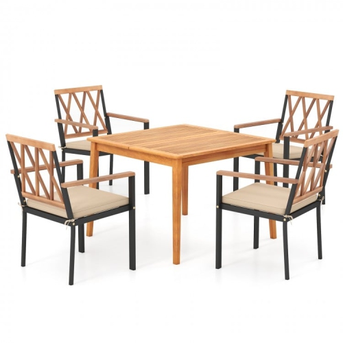 SLICKBLUE  5-Piece Wooden Patio Dining Set With Acacia Table And Umbrella Hole for Backyard