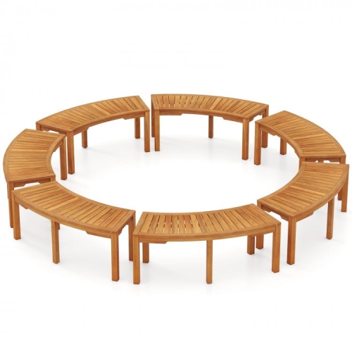 SLICKBLUE  Set Of 7 Outdoor Acacia Wood Benches With Curved Design, 2-Person Garden Seating