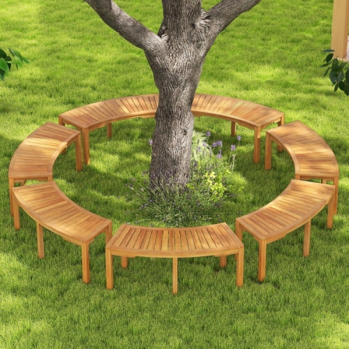 Set of 7 Outdoor Acacia Wood Benches with Curved Design, 2-Person Garden Seating