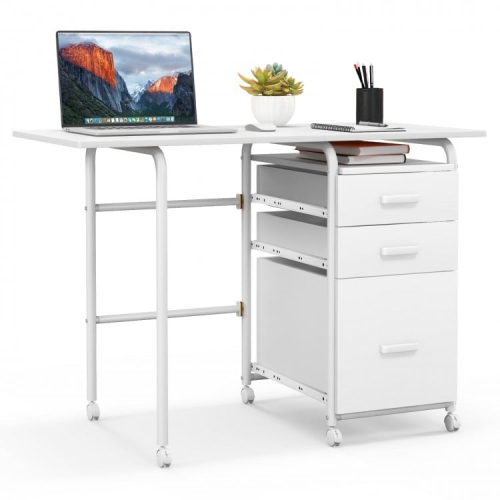Folding Computer Desk on Wheels with 3 Drawers, Compact Home Office Workstation