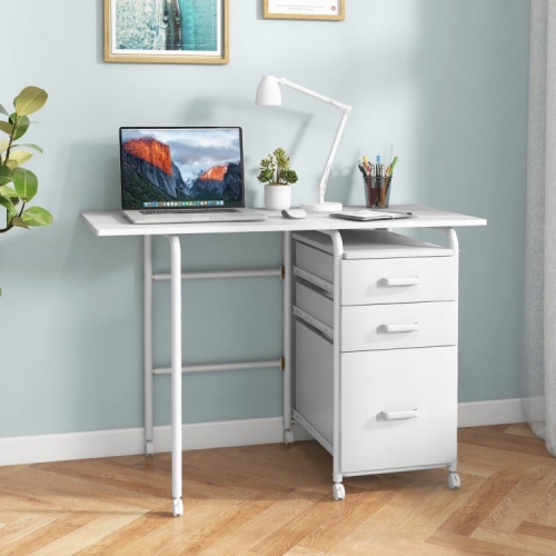 Folding Computer Desk on Wheels with 3 Drawers, Compact Home Office Workstation