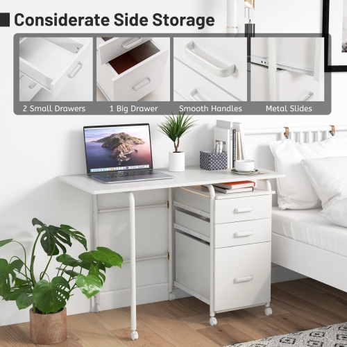 Folding Computer Desk on Wheels with 3 Drawers, Compact Home Office Workstation