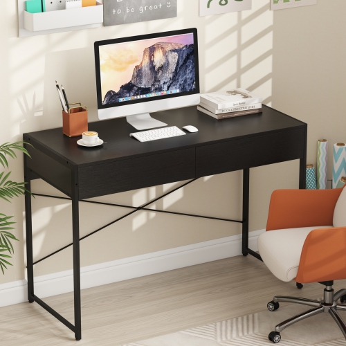 Home Office Desk with 2 Drawers and Metal Frame, Writing Table for Workstation