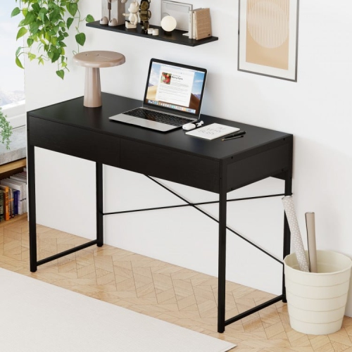 Home Office Desk with 2 Drawers and Metal Frame, Writing Table for Workstation
