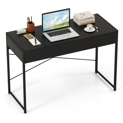 Home Office Desk with 2 Drawers and Metal Frame, Writing Table for Workstation