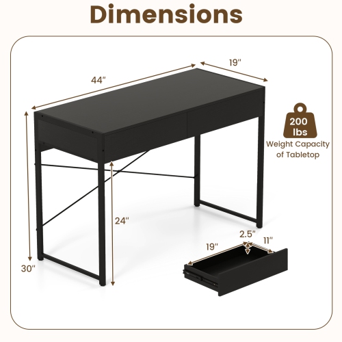 Home Office Desk with 2 Drawers and Metal Frame, Writing Table for Workstation