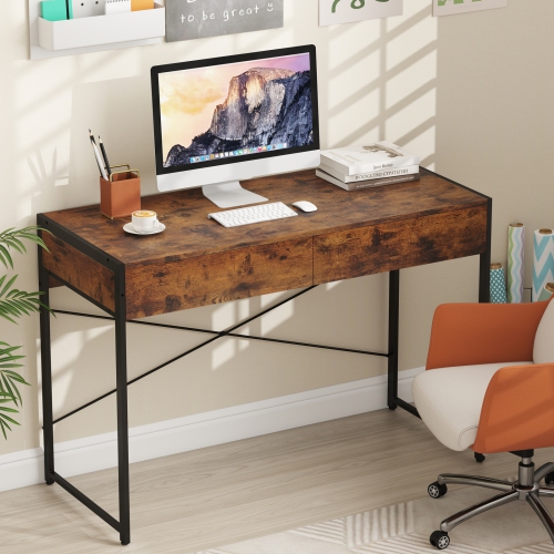 Home Office Desk with 2 Drawers and Metal Frame, Writing Table for Workstation