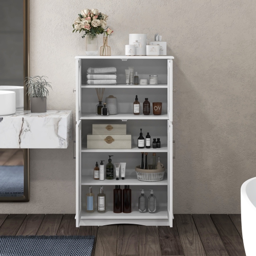 4-Door Bathroom Storage Cabinet with Adjustable Shelves, Freestanding Design