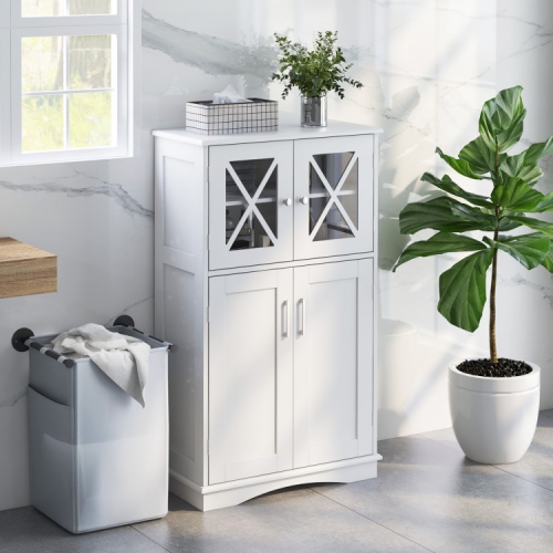 4-Door Bathroom Storage Cabinet with Adjustable Shelves, Freestanding Design