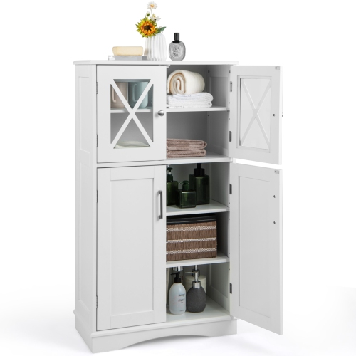 4-Door Bathroom Storage Cabinet with Adjustable Shelves, Freestanding Design