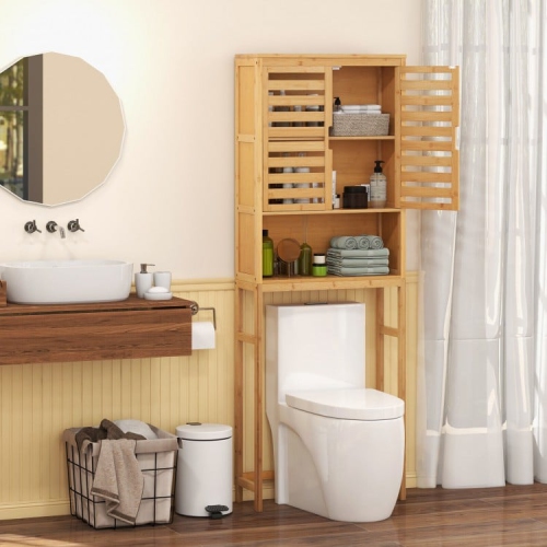 Bathroom Wicker Storage Cabinet with Adjustable Shelf, Fits Over Toilet