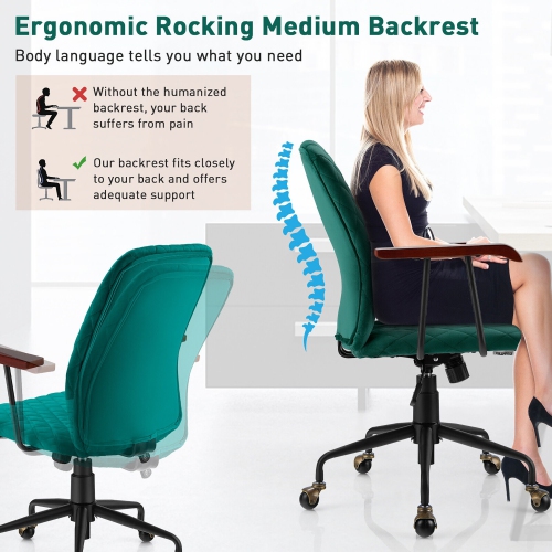 Velvet Office Chair with Wooden Armrests, Stylish Seating for Home Workspace