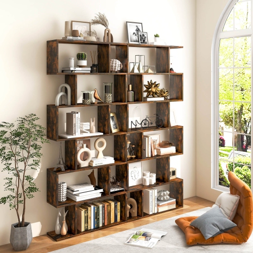 6-Tier S-Shaped Bookshelf, Modern Z-Shelf Bookcase for Storage and Display