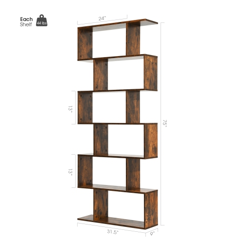 6-Tier S-Shaped Bookshelf, Modern Z-Shelf Bookcase for Storage and Display