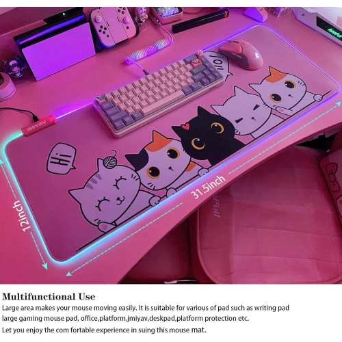 J Pink RGB Gaming Mouse Pad 31.5x12 Inch PC XL Large Extended Glowing Led Light Up Desk Pad Non-Slip Rubber J Base Computer Mouse Pad Cute Mousepad