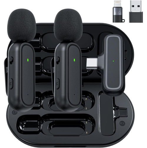 2-Pack Wireless Lavalier Microphone for iPhone iPad Android, Plug-Play Clip on Lapel Mic for Youtuber, Recording,Mini Microphone Included Charging