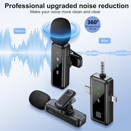 Wireless Lavalier Microphone for iPhone/Android/Camera, 3 in 1 Mini Microphone with Mute/Reverb/Noise Reduction, Lapel Mic for Record Interview,