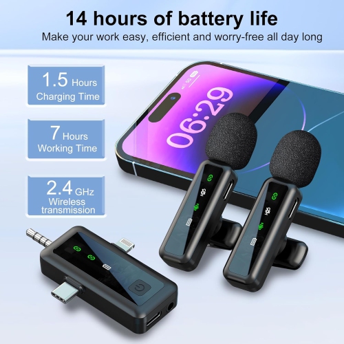 Wireless Lavalier Microphone for iPhone/Android/Camera, 3 in 1 Mini Microphone with Mute/Reverb/Noise Reduction, Lapel Mic for Record Interview,