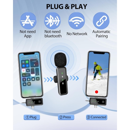 Wireless Lavalier Microphone for iPhone/Android/Camera, 3 in 1 Mini Microphone with Mute/Reverb/Noise Reduction, Lapel Mic for Record Interview,