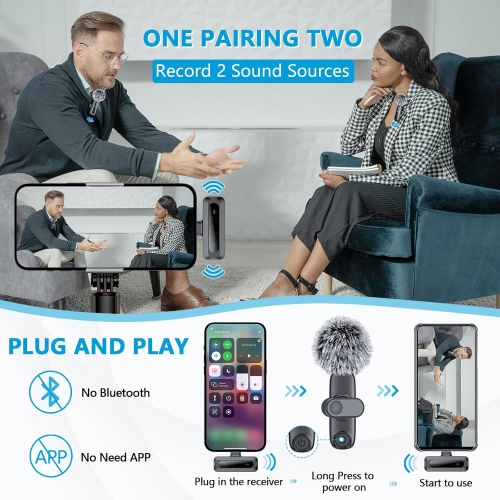 Micro-cravate sans fil USB-C pour iPhone 15-16/téléphone Android, mini microphone pour enregistrement vidéo, micro-cravate à pince pour YouTube,