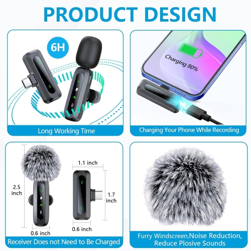 Micro-cravate sans fil USB-C pour iPhone 15-16/téléphone Android, mini microphone pour enregistrement vidéo, micro-cravate à pince pour YouTube,