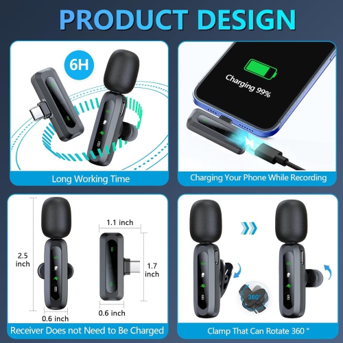Micro-cravate sans fil USB-C pour iPhone 15-16/téléphone Android, mini microphone pour enregistrement vidéo, micro-cravate à pince pour YouTube,