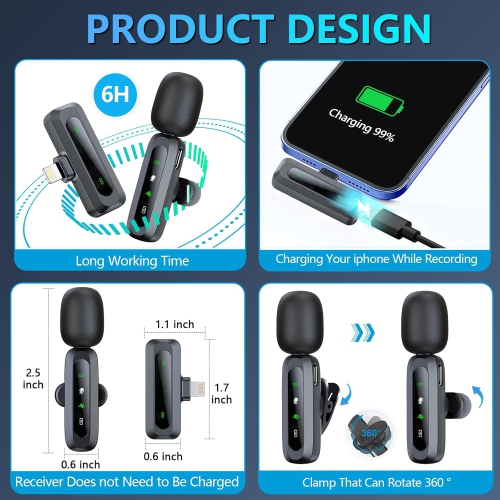 Micro-cravate sans fil USB-C pour iPhone 15-16/téléphone Android, mini microphone pour enregistrement vidéo, micro-cravate à pince pour YouTube,