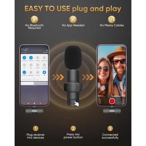 Wireless Lavalier Microphone Compatible with iPhone/iPad/Android Phone/Laptop, Plug-Play Lapel Clip-On Mic with Noise Reduction for Video