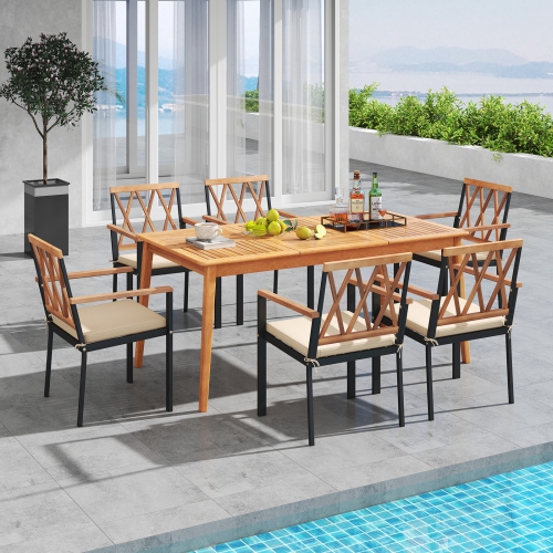 Outdoor 7-Piece Acacia Wood Dining Set with Chairs and Table with Umbrella Hole