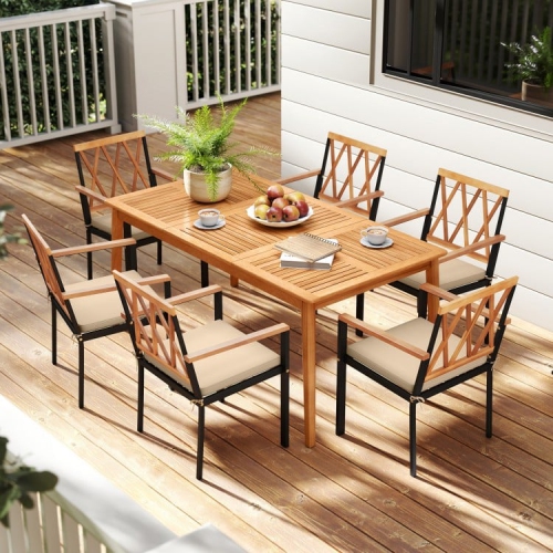 Outdoor 7-Piece Acacia Wood Dining Set with Chairs and Table with Umbrella Hole