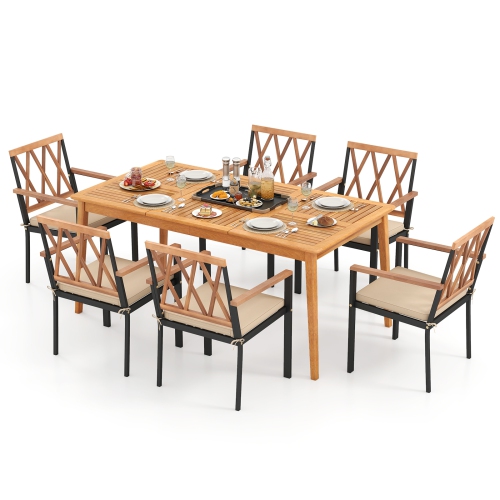 Outdoor 7-Piece Acacia Wood Dining Set with Chairs and Table with Umbrella Hole