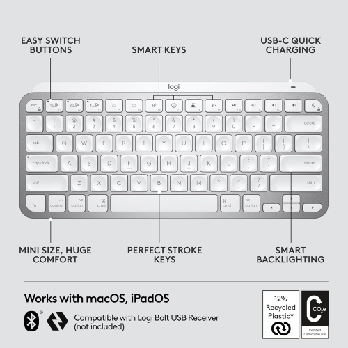 Open Box - Logitech MX Keys Mini TKL Bluetooth Scissor Mini MX Keys Switch Keyboard for Apple mac OS, iPad OS with Backlit Keys - Pale Gray