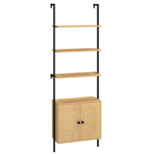 SLICKBLUE  6-Tier Wall-Mounted Ladder Bookshelf With Rattan Cabinet for Storage And Display