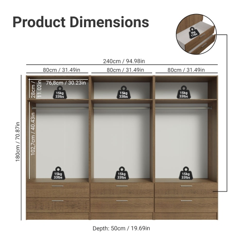 Madesa 6 Doors 6 Drawers Storage Cabinet Wardrobe with Shelves and Hanging Space 94 Inch Wooden Armoire Closet Organization Unit for Bedroom and