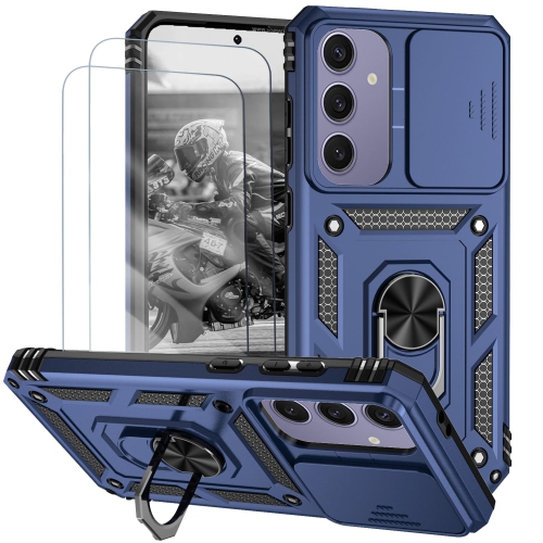 for Samsung Galaxy S25 S24 Case - Includes 2 Tempered Protective Films with Sliding Window Camera Protection and Phone Holder - Blue